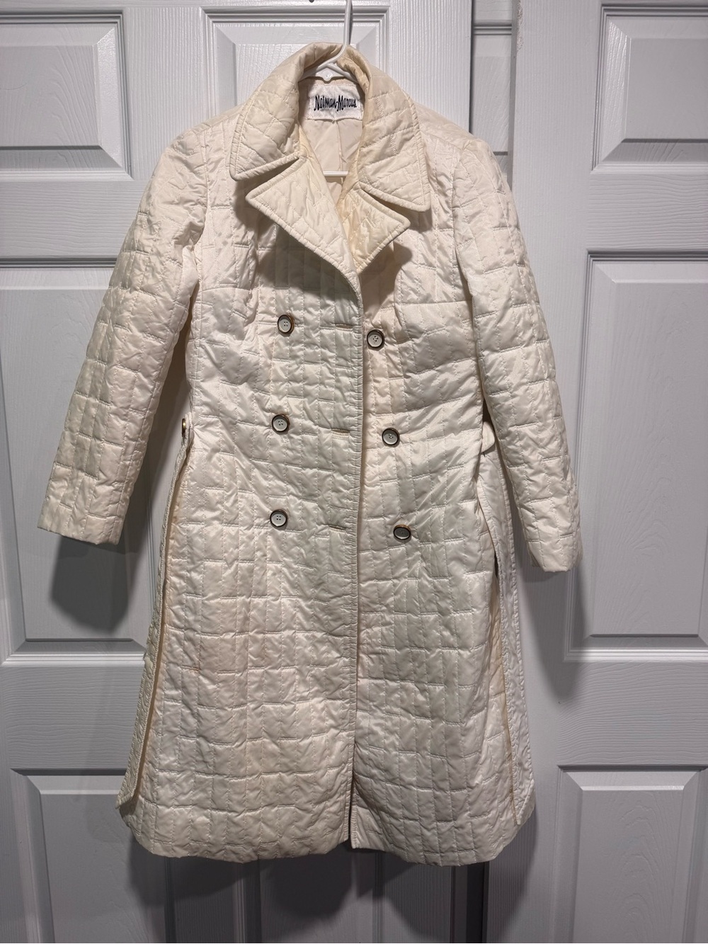 Neiman Marcus Cream Quilted Double-Breasted Trench Coat